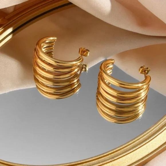 NEW 18K GOLD 3 LAYERS TUBE SHAPE HOOP EARRINGS, NICE EARRINGS, CUTE EARRINGS - Picture 3 of 7